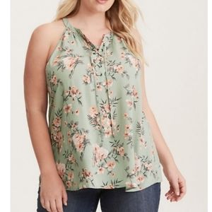 Torrid Georgette floral halter tank top blouse Tunic Sz 0( L )Geen Mint Lace-Up